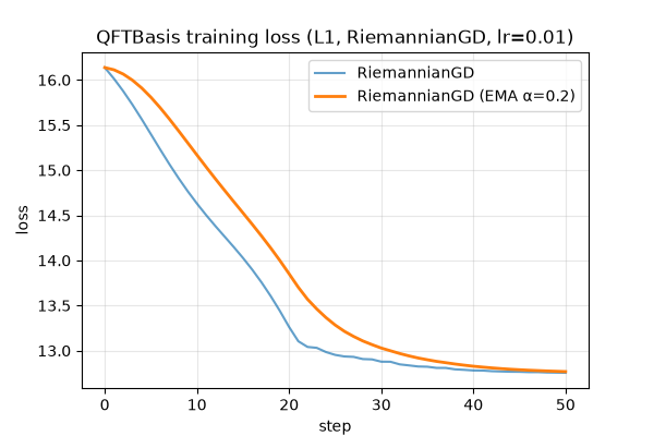 QFTBasis training loss (L1, RiemannianGD, lr=0.01)