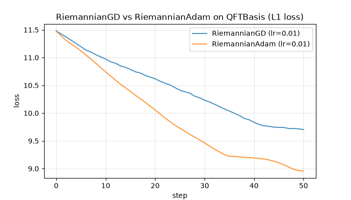 RiemannianGD vs RiemannianAdam on QFTBasis (L1 loss)